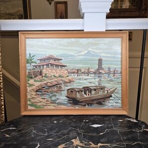 Vintage Paint by Number Painting Framed Asian Pagoda Boat Scene MCM Folk Art